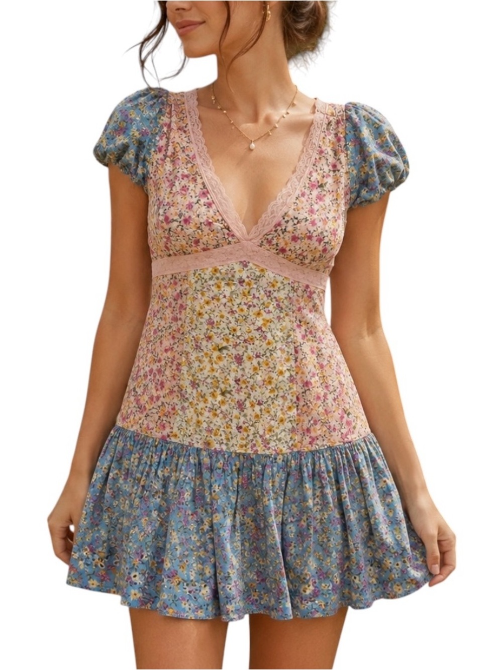 Altar’d State Patchwork Floral Eyelet Cottagecore Mini Dress XS